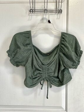 SO Olive Green Eyelet Ruched Drawstring Crop Top XL